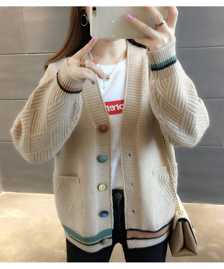 Women's Clothing Knitted Sweater V Neck All match Small Cardigan Jacket Women's Colorblock Sweater _voghion.com