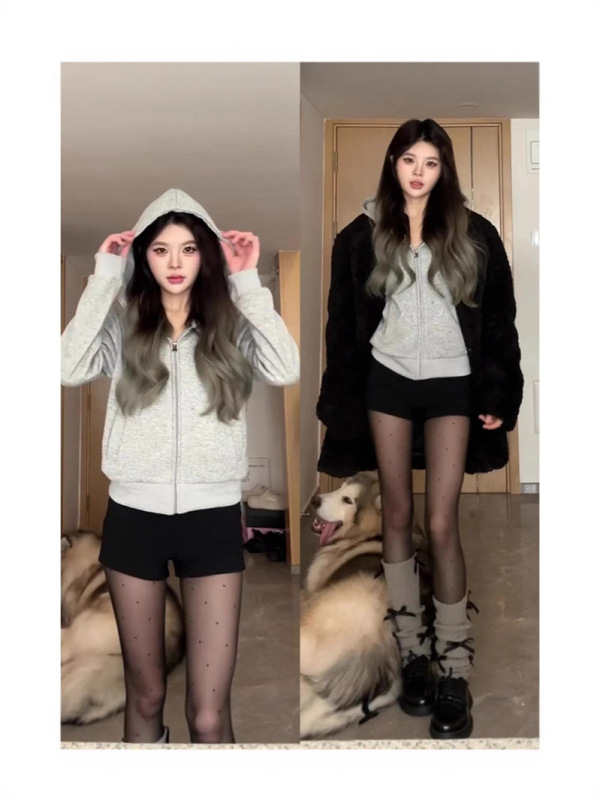灰色短款连帽卫衣外套女款初秋2025新款拉链修身大衣内搭显瘦上衣|undefined