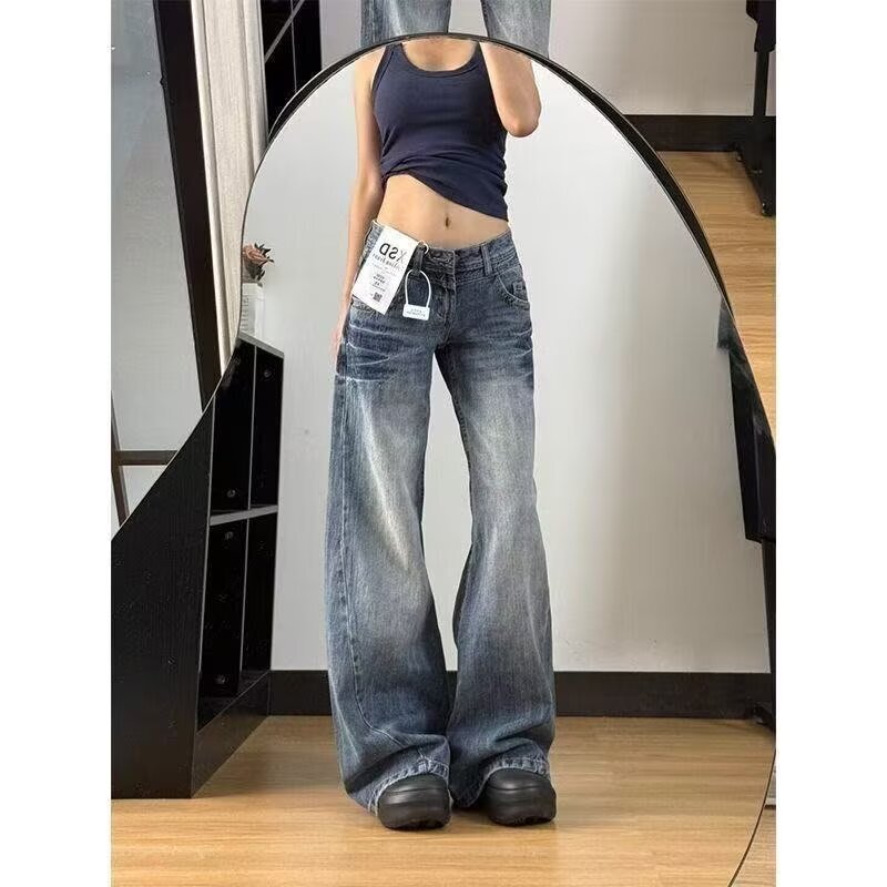 American Retro Creased Faded White Jeans for Women, Summer Low-Waist Slimming Loose Straight Wide-Leg Floor-Length Sycamore Pants