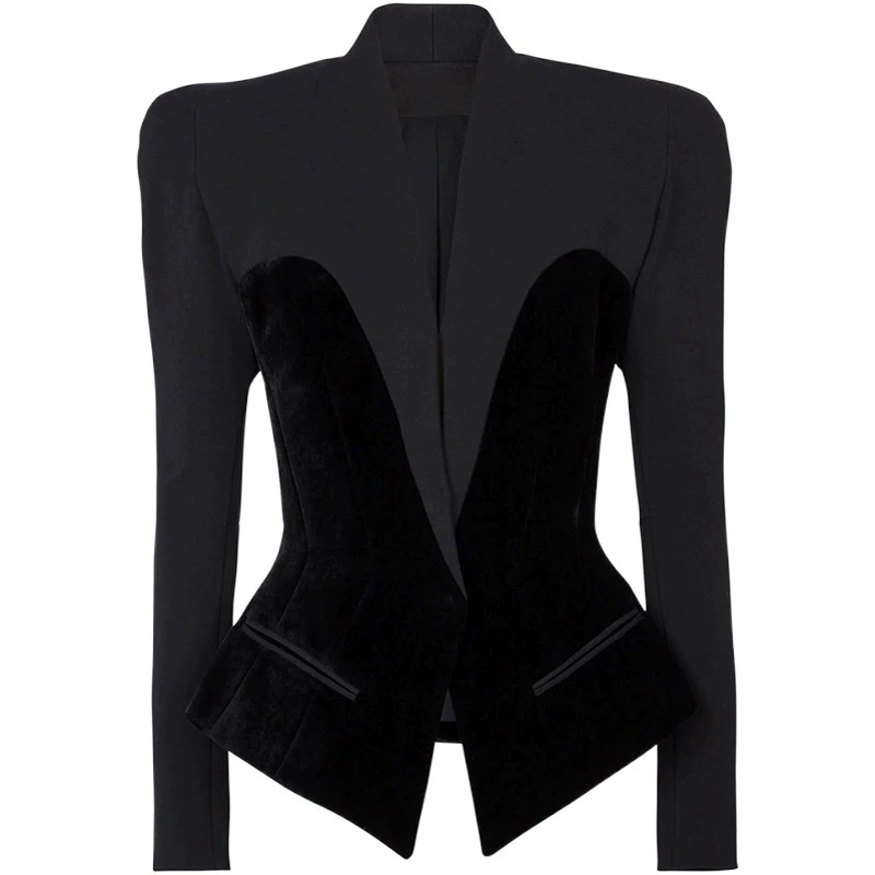 В наличии: новые осенне-зимние модели 2025 года, европейская и американская мода, стиль знаменитостей, приталенный силуэт, структурированная текстура, бархатный пиджак с лоскутным дизайном.