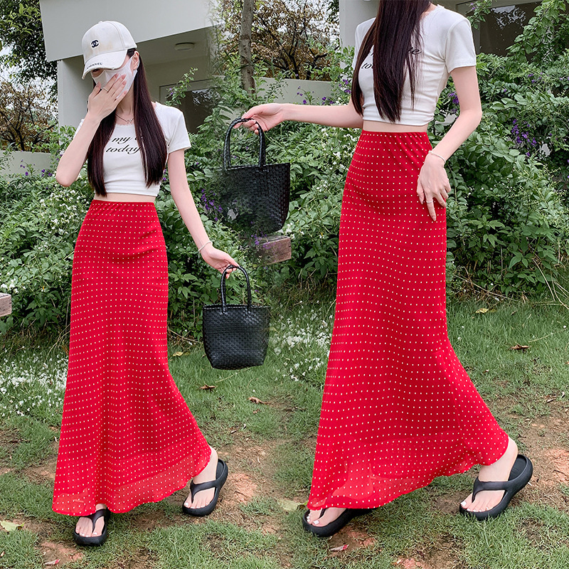Summer red retro fitted shiffon long skirt