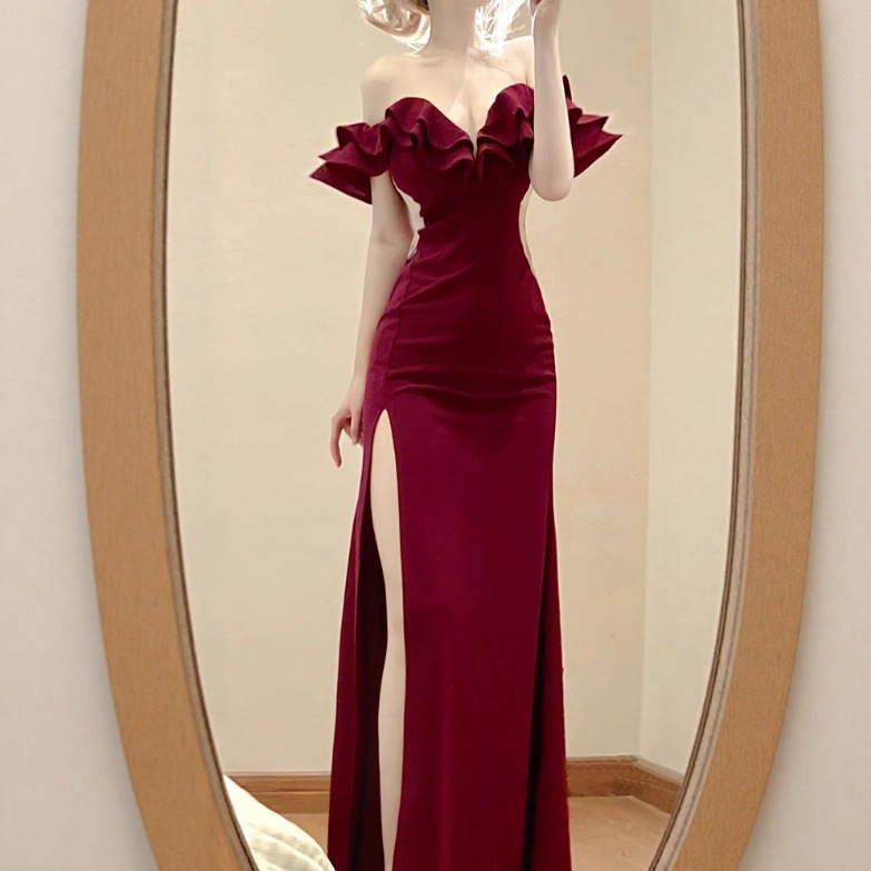 High Slit Long Skirt with Fashionable Design, Niche Ankle-Length Evening Dress, Strapless One-Shoulder Dress for Women