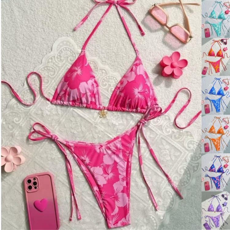 2025 Европейский и американский кросс-бордерный новый купальник с кружевной шнуровкой и принтом, высококачественный раздельный двухсоставной купальник для женщин