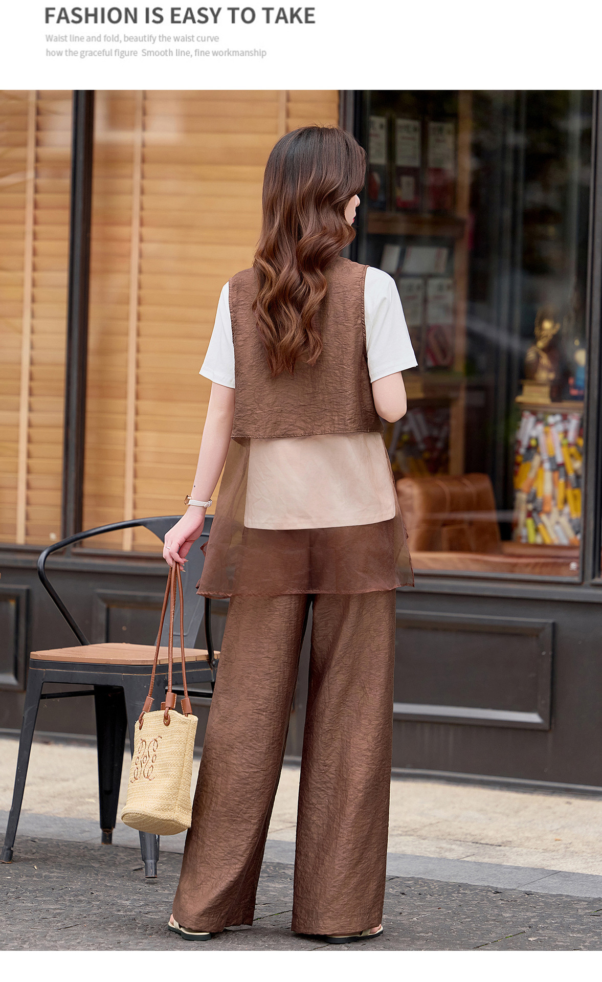 Bộ quần áo nữ V-neck vest kết hợp quần ống rộng hai mảnh mùa hè 2026 — màu đen, màu cà phê chi tiết 20