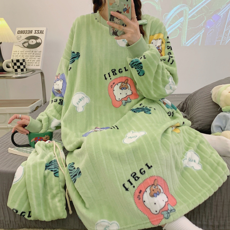 睡衣女冬季新款法兰绒抽条宽松睡裙加大码250斤可穿家居服2XL-5XL