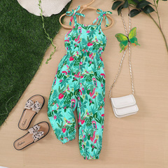 EW Foreign Trade Kids' Clothing: New Arrival Girls' Summer Holiday-Style Jumpsuit in Tropical Rainforest Green with Leaf Patterns – K336-C