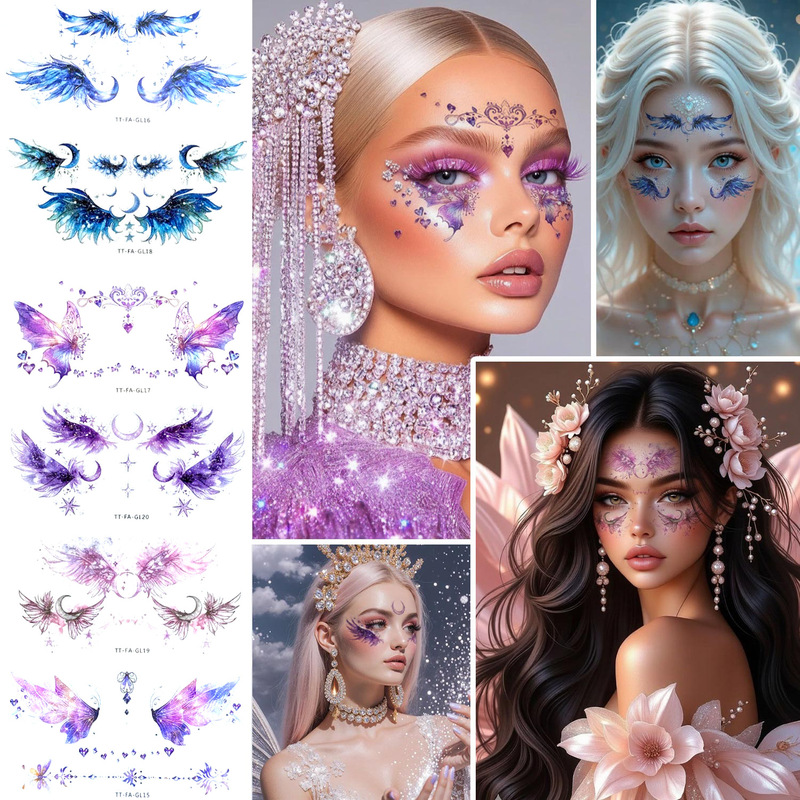 Cross-Popular Colorful Angel Glitter Tattoo Stickers, High-End Facial Makeup Party Eye Corner Temporary Tattoo Stickers