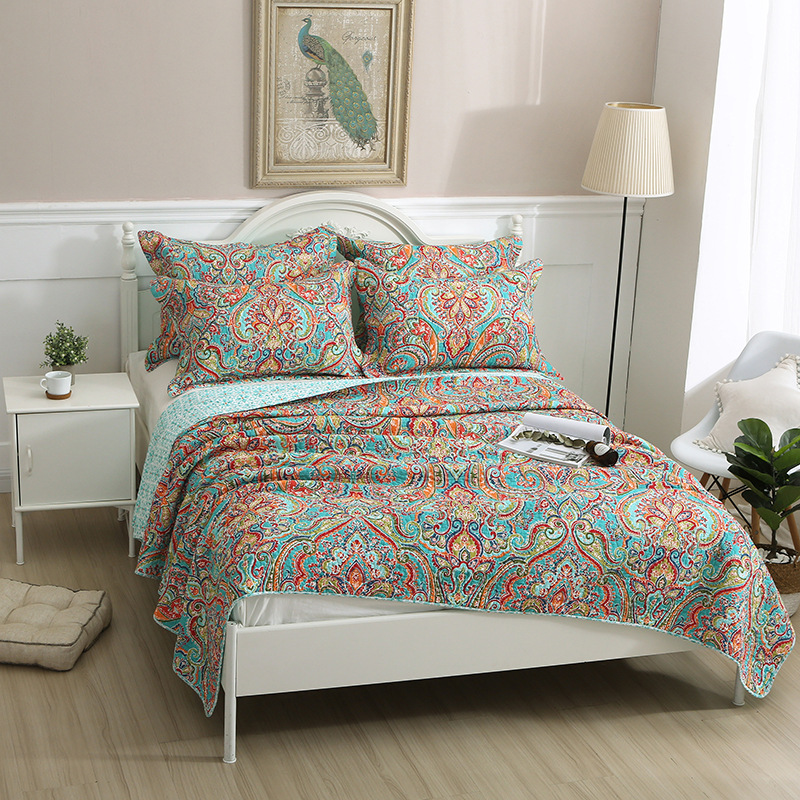 Couette en coton délavé à fleurs de style américain, couette en coton pur, housse de lit pastorale, ensemble de trois pièces, couette imprimée d'été fraîche et respirante avec climatisation_voghion.com