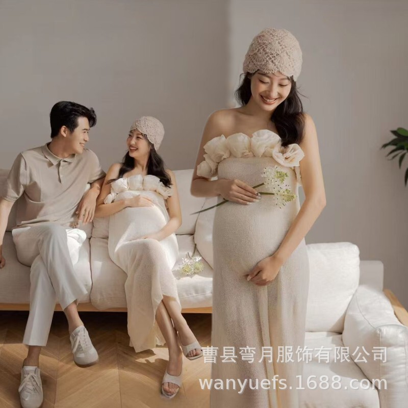 Pregnant Women Photo Theme New French Style Fresh High-grade Strapless Skirt Couple Men's and Women's Photography Clothing Photographed at Home
