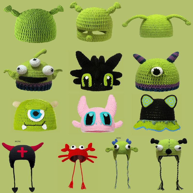novelty monster handmade knitted hat for men green hat autumn and winter cute cartoon funny acrylic hat for women