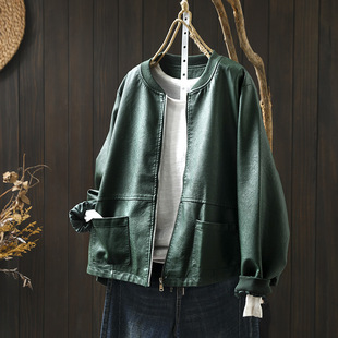 Fashionable Simple Baseball Collar PU Leather Jacket Women's 2024 Autumn Korean Style Loose Casual Western Style Jacket Cardigan