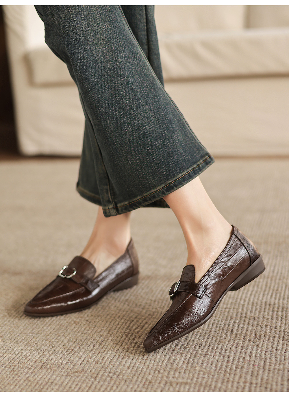 Giày loafer nữ phong cách Anh quốc, mũi sâu, gót thấp vuông, da bò — màu nâu chi tiết 16