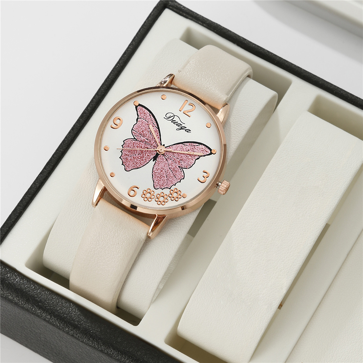 2025 Cross-Border Popular Sweet Butterfly Round Leather Watch Decoration Women's Elegant Quartz Performance Goods Direct Delivery