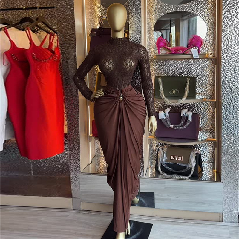 Women's Long-Sleeve Lace Blouse & High-Waist Pencil Skirt Set – Sweet & Elegant Two-Piece Outfit (Coffee, S-Xxl)_voghion.com