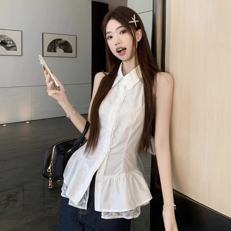 Fashionable French-Style Lace Patchwork Halter Neck Sleeveless Shirt with Bow Tie and Backless Design for Summer