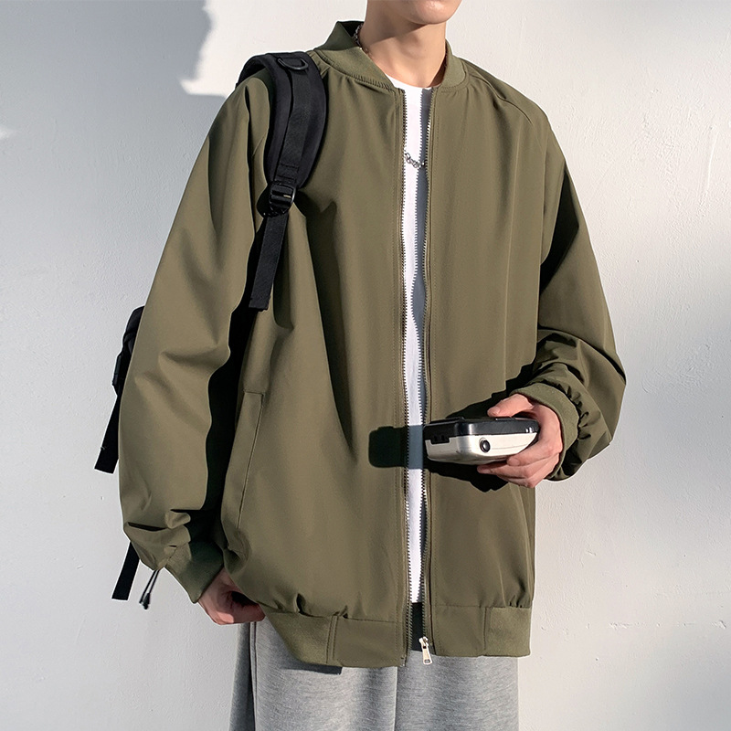 Baseball autumn solid color stand up collar loose and versatile casual trendy brand men's top jacket_voghion.com