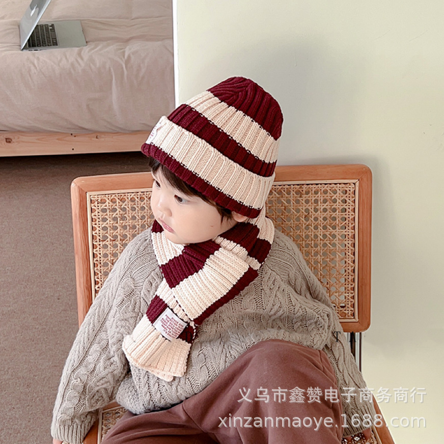 children Hat scarf Piece suit winter knitting stripe Hit color Wool Ear Western style baby keep warm suit