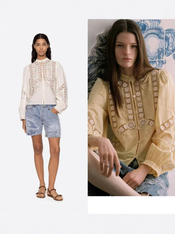 Sa American Long-Sleeved T-Shirt New Ethnic Style Cross-Stitch Cut Out Lace Splicing Round Neck Puff Sleeve Shirt