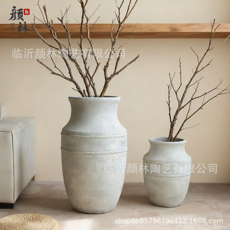 Vaso de cemento blanco tranquilo y elegante, vasijas de cerámica Zen, decoración espacial de ramas secas y madera borracha con vasos florales