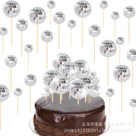 亚马逊爆款3-5cmDisco蛋糕插牌镜面球生日插件派对用品装饰球圣诞