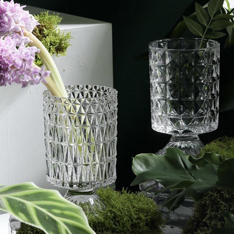 创意欧式加厚花纹玻璃高脚花瓶浮雕圆筒小清新餐桌书桌家居装摆件
