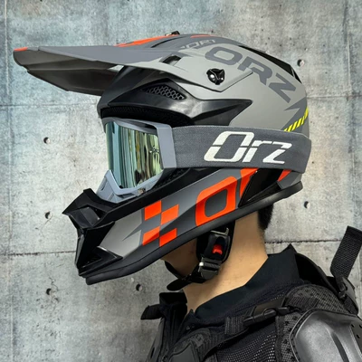 National Standard Certified 3C Off-Road Safety Helmet Motorcycle Helmet Full-Face Helmet for Men and Women Go-Kart Rally Helmet Mountain Bike Helmet (Motosiklet kaskı (dəbilqə)) - matte-gray-track-with-orz-cement-gray-frame-goggles-and-gloves-and-mask-s