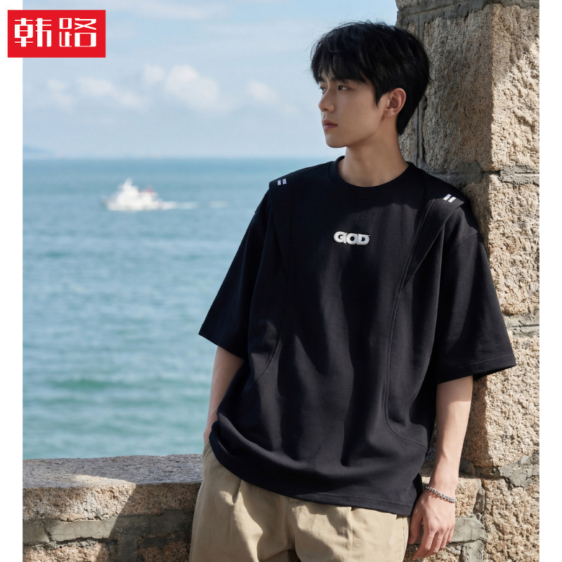 Three-Dimensional Loose-Fitting Short-Sleeve T-Shirt for Men, Summer American-Style Trendy Brand, Color-Blocking Embroidered Half-Sleeve Top, T-Shirt Three-Dimensional Loose-Fitting Short-Sleeve T-Shirt for Men, Summer American-Style Trendy Brand, Color-Blocking Embroidered Half-Sleeve Top, T-Shirt