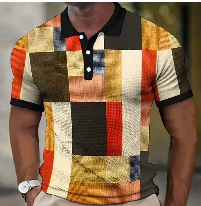 2023外贸跨境3D数码印花男子高尔夫球衫经典时尚格子条纹polo短袖