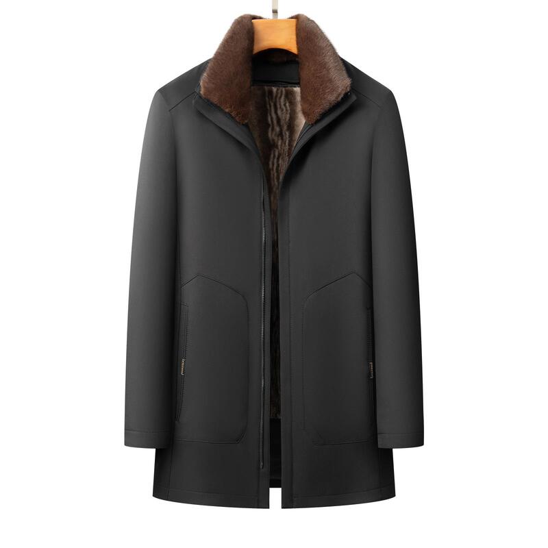 Men's Hooded Parka Business Casual Wrinkle-Free Warm Mid-Length Stand Collar Jacket for Middle-Aged Dads