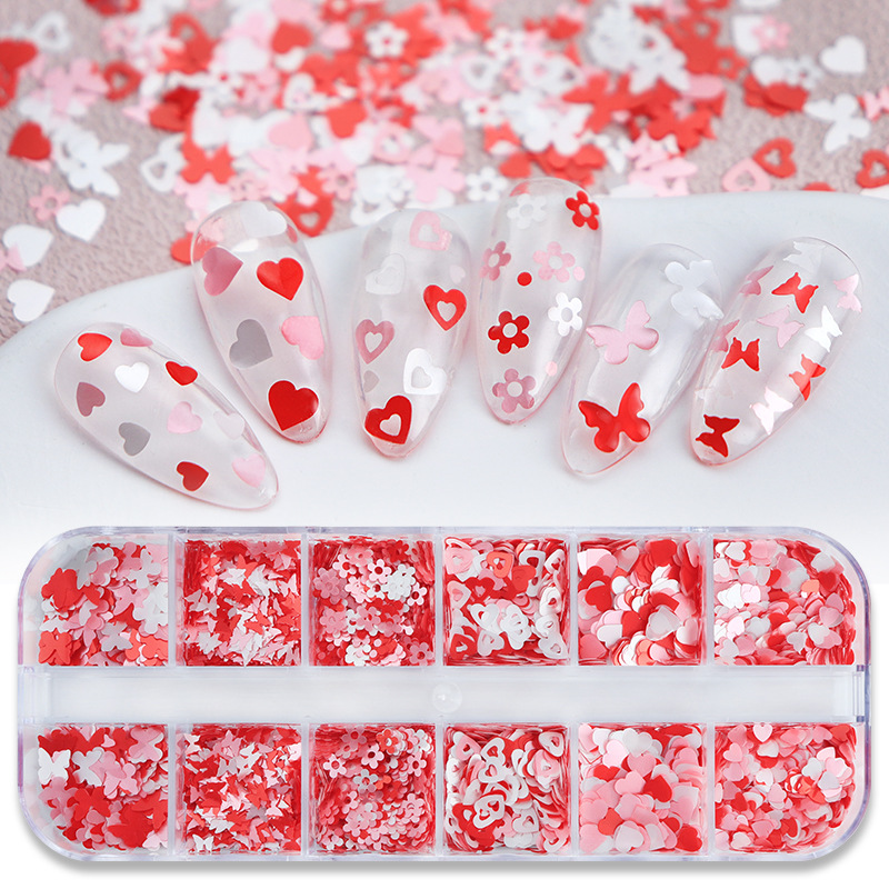 Día de San Valentín 12 cuadros en caja perlado amor accesorios de uñas rosa mariposa blanca flor uñas lentejuelas decoración de colores