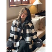 2024毛呢黑白格子羊毛呢外套女中长款双面羊绒大衣狐狸毛皮草年轻