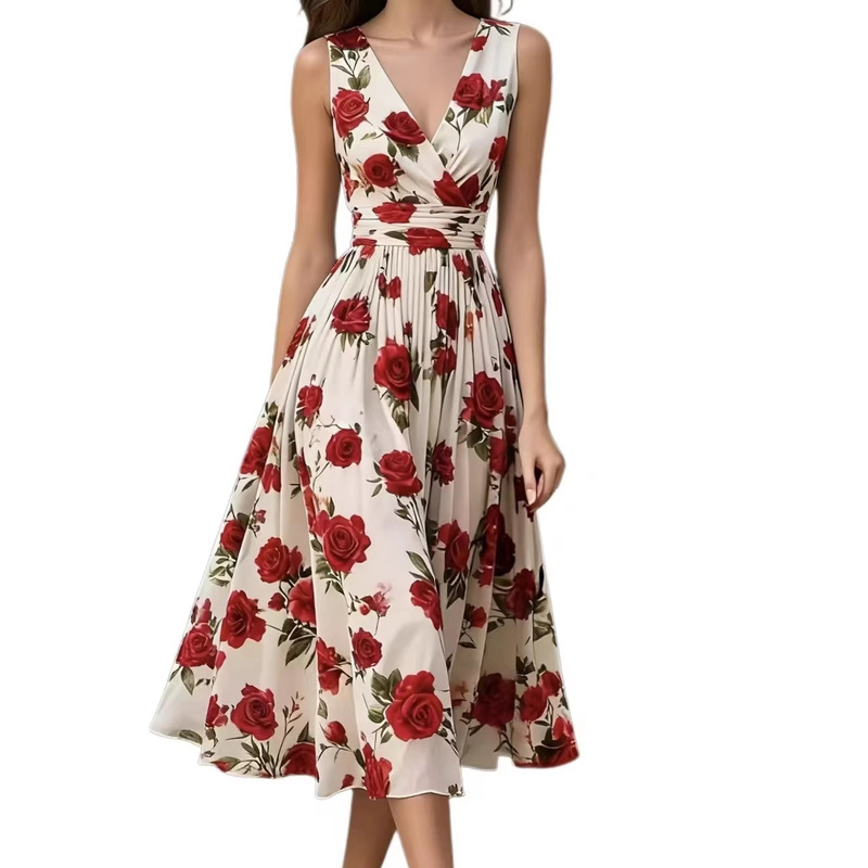 Pure Desire Style V-Neck Floral Slim-Fit Dress with Plant and Floral Patterns, Mid-Length, Fresh, Sweet, and Elegant Pure Desire Style V-Neck Floral Slim-Fit Dress with Plant and Floral Patterns, Mid-Length, Fresh, Sweet, and Elegant