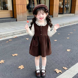 韩版女童灯芯绒背带连衣裙套装2026秋季衬衣洋气复古百搭马甲裙子