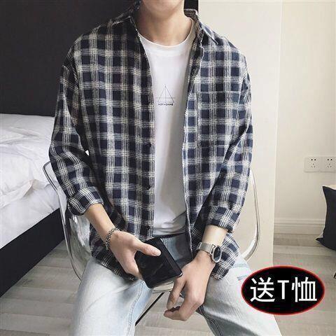Buy One Get One Free Men's Long-Sleeve Shirt Korean Style Student Loose Collared Shirt Men's Casual Spring and Summer Hong Kong Style Trendy Yu Kang