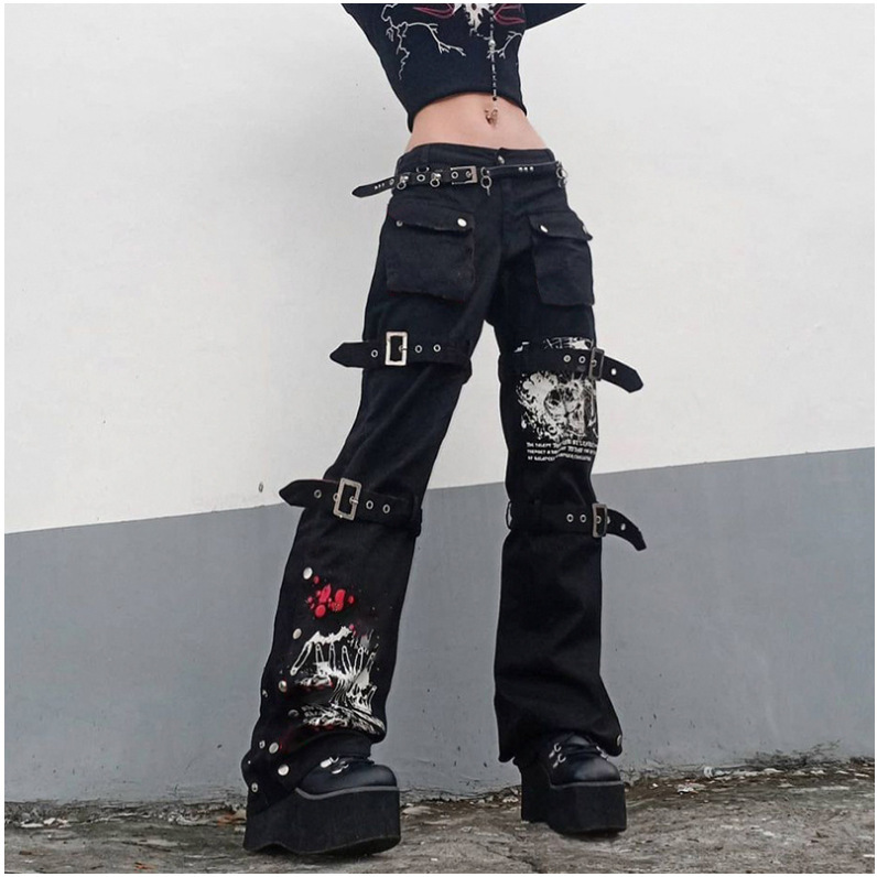 Street Tide Cool Wind 2022 Early Autumn Amazon Foreign Trade Europe and America Design Sense Printed Metal Buckle Denim Pants