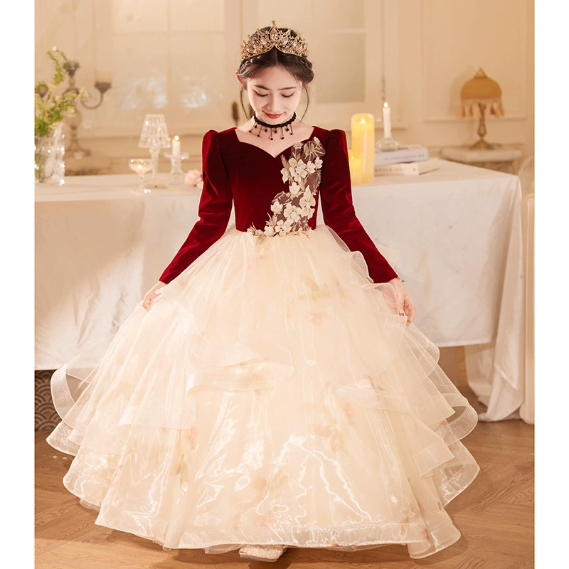 Elegant elite dress, velvet red piano, small princess costume, Birthday gift