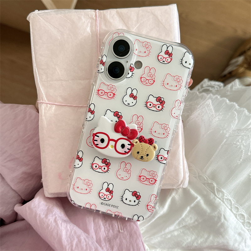 可爱戴眼镜KT猫兔子折叠支架适用iPhone16苹果15ProMax手机壳14女|undefined