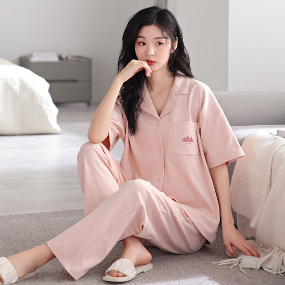 Factory Direct sales 2024 pajamas women's summer short-sleeved trousers cotton cardigan thin plus size cotton home wear suit