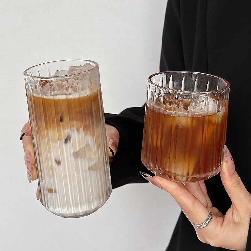 Tazas de vidrio con patrón de espada, tazas de café americanas de hielo, tazas de café de latte transparentes, tazas de bebida, tazas de agua para el hogar
