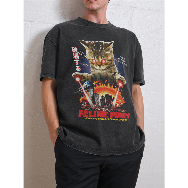 Loose Old Printed Casual T-Shirt Retro American Style Unisex Short Sleeve New Washed Angry Vintage Cat