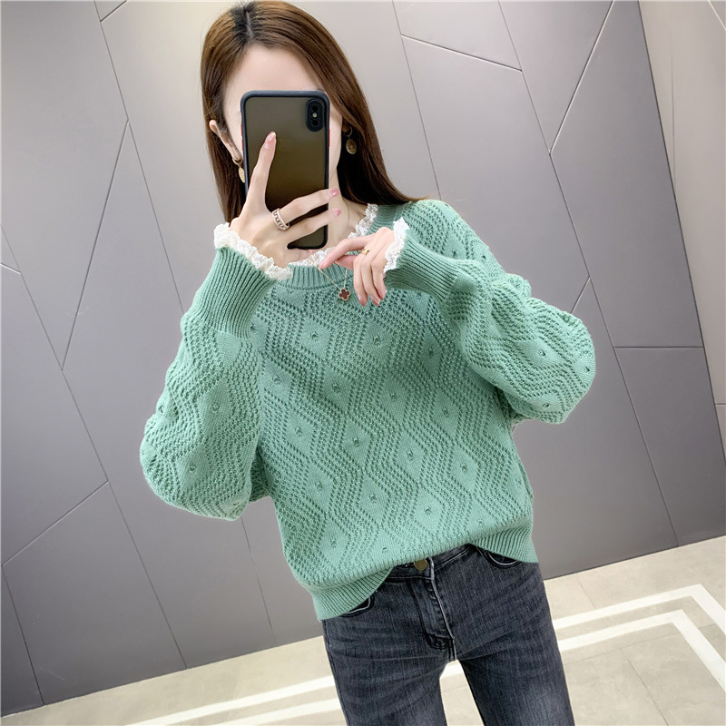 Lace Round Neck Hollow Knit Loose Sweater NSFYF85628