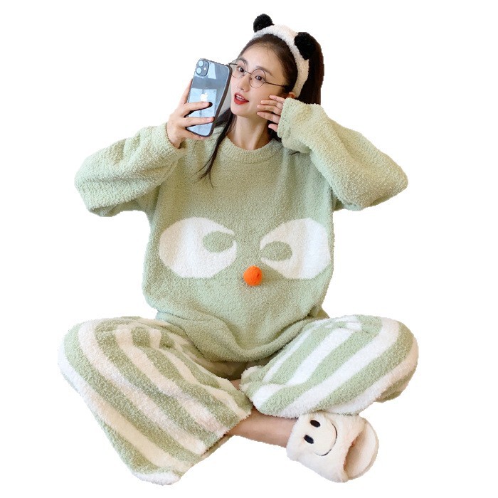 半边绒睡衣女秋冬季新款加绒加厚韩版可爱休闲宽松保暖家居服套装|undefined