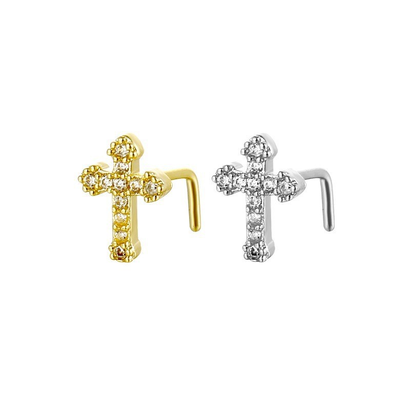 Copper Nose Stud Cross-Shaped Piercing L-Shaped Nose Stud Nose Ring Copper Inlaid Zircon Nose Stud Piercing Jewelry Cross-Border Jewelry