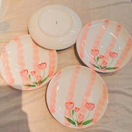 中国风创意高级感手绘重彩8寸深盘圆盘菜盘子浮雕盘饭盘陶瓷家用