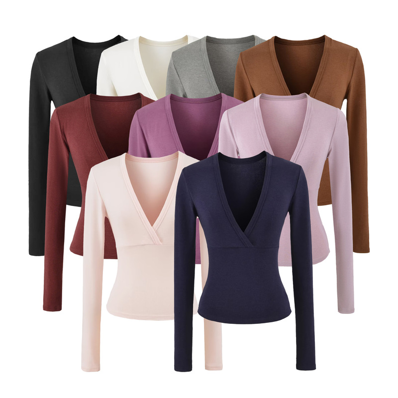 Black and White Deep V-Neck Base Shirt, Elastic Slimming Long-Sleeve T-Shirt for Women, Autumn Regular Shoulder Cashmere Blend Base Top 2025