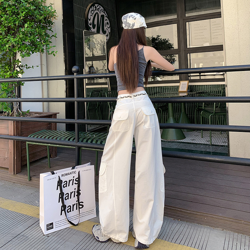 军绿色美式街头宽松阔腿裤女秋季慵懒风工装裤高腰休闲弯刀运动裤|undefined