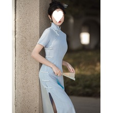 蓝色全开襟旗袍2024年夏季新款年轻款少女气质复古文艺条纹长代发