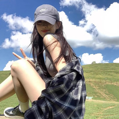 美式复古蓝色格子衬衫女春夏薄款慵懒风亚麻衬衣外搭防晒开衫外套