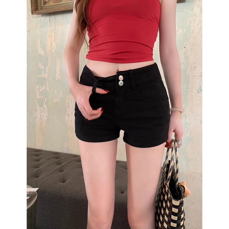 High-Waisted Elastic Double-Button Denim Shorts for Women, Trendy Korean Style, Slim Fit, Straight-Leg, Hip-Hugging Hot Pants