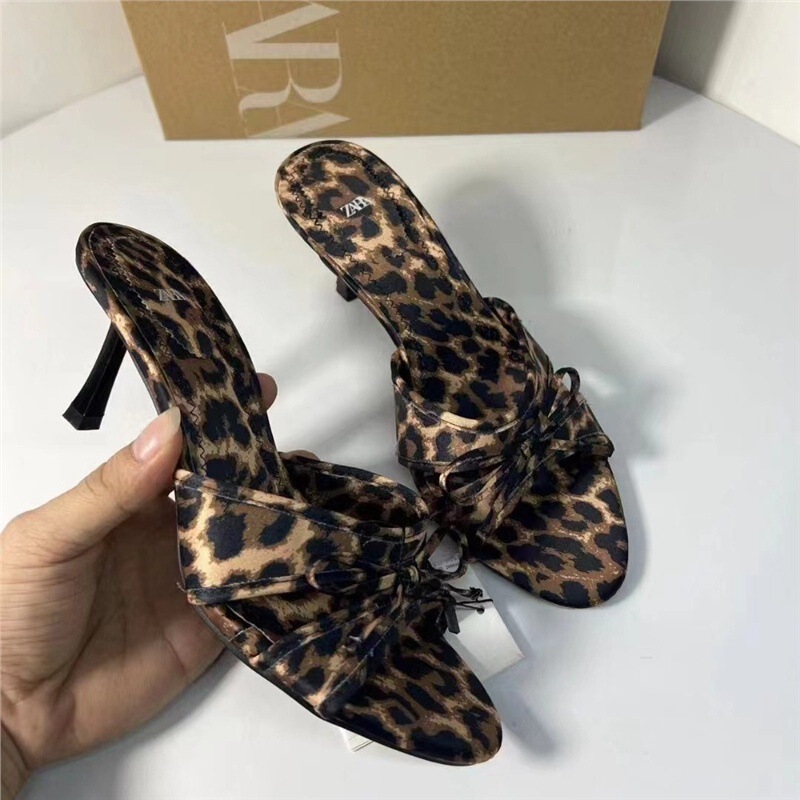 Za Spain 2025 Autumn New Leopard Print Bow Peep Toe High Heel Open Toe Sandals with Strap for Outdoor Wear